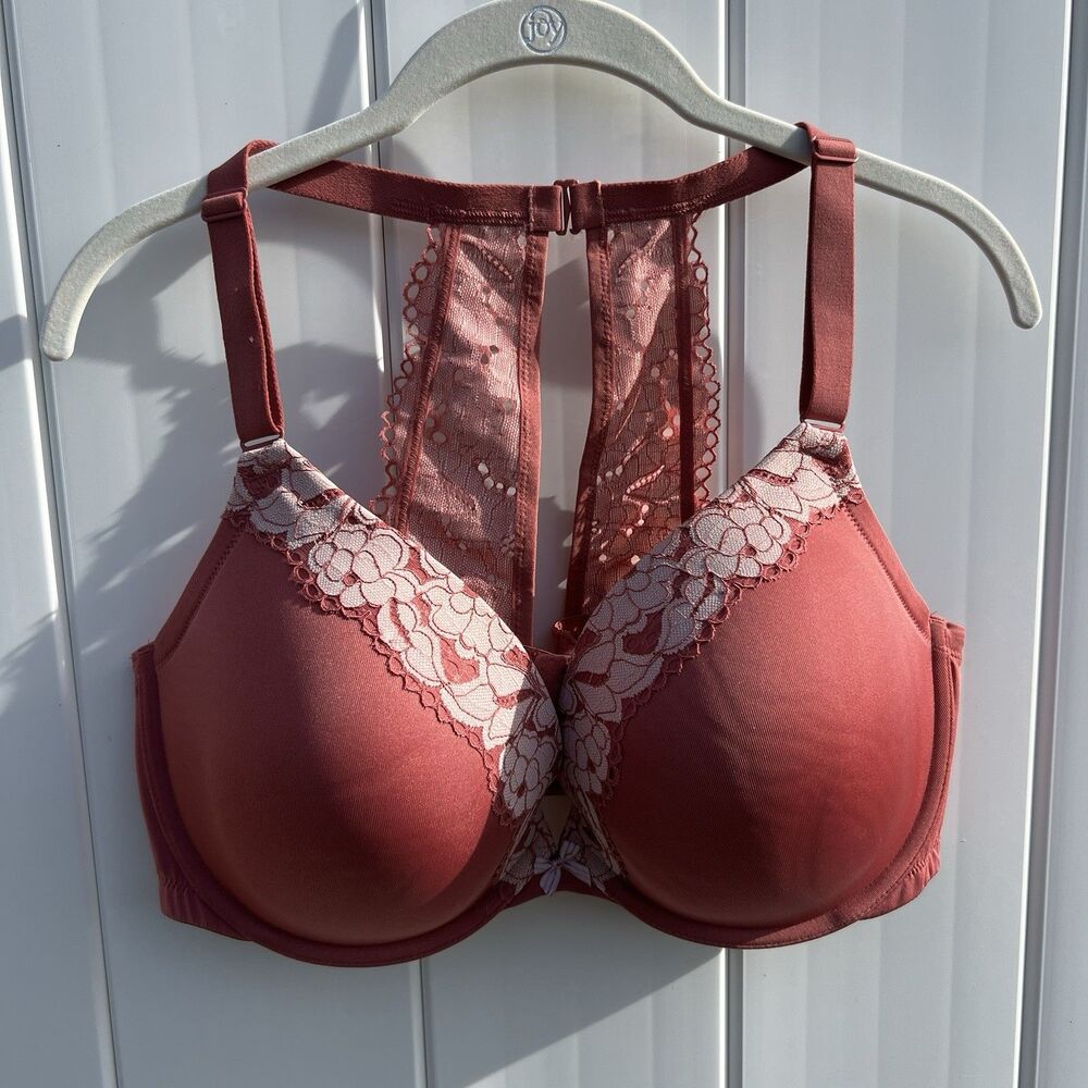 Cacique 44D Full Coverage Underwire Bra Mauve Pink Lace Racerback Back Plus Size